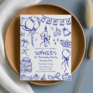  Blue 1st Birthday Invitation, Hand Drawn Birthday Invitation