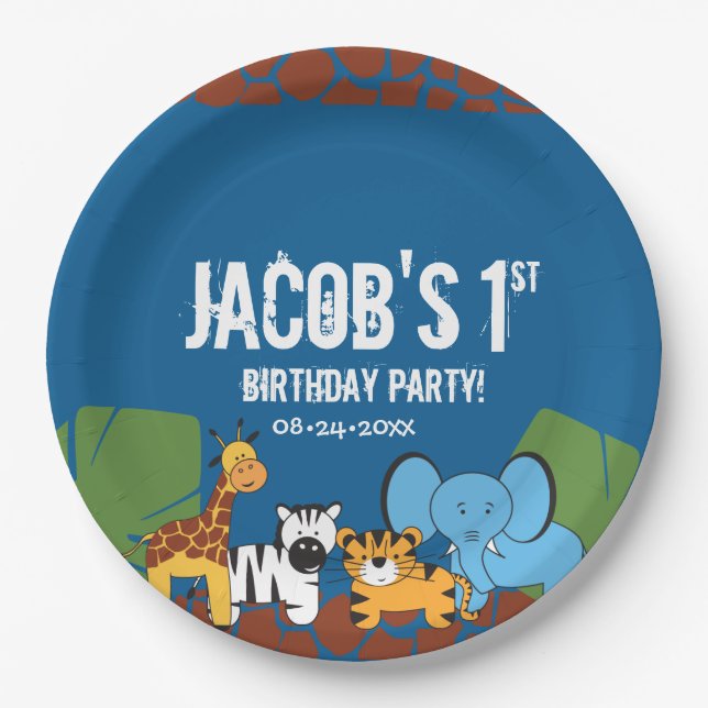 Blue 1st Birthday Jungle Safari  theme Paper Plate (Front)