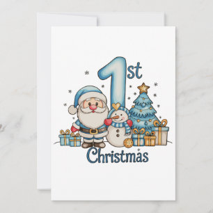 Blue 1st Christmas Santa Snowman Xmas Baby Boy Holiday Card