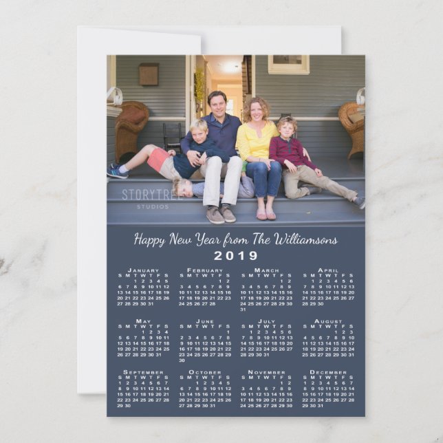 Blue 2019 Calendar 2 Custom Photos Happy New Year Holiday Card (Front)