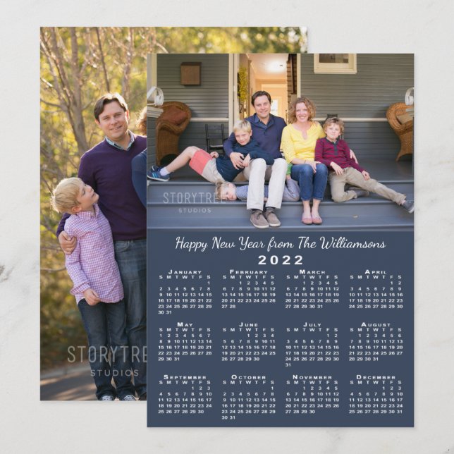 Blue 2022 Calendar 2 Custom Photos Happy New Year Holiday Card (Front/Back)