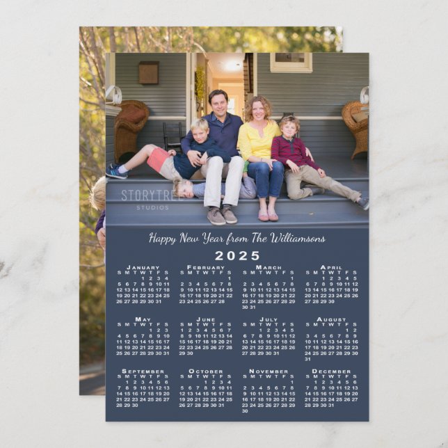 Blue 2025 Calendar 2 Custom Photos Happy New Year Holiday Card (Front/Back)