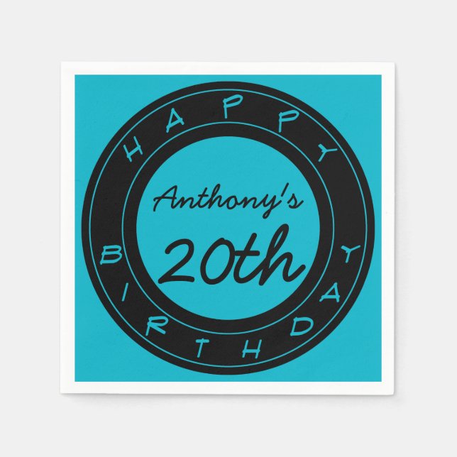 Blue 20th Birthday Party Personalised Paper Napkin (Front)