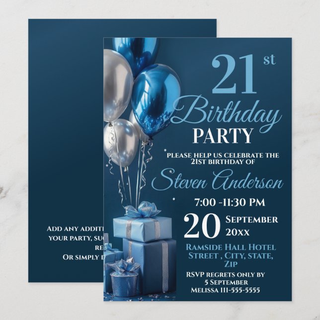 Blue 21st Birthday Balloon Gifts Invitation (Front/Back)