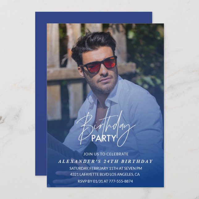 Blue 24th birthday invitation Birthday party Photo (Front/Back)