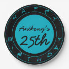 Blue 25th Birthday Party Personalised Paper Plates