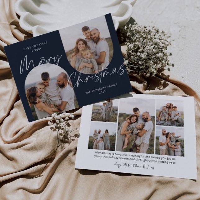 Blue 2 Arch Photos Modern Elegant Script Christmas Holiday Card (Creator Uploaded)