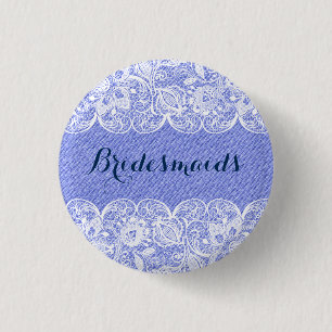 Blue 2 Faux Linen & White Lace Bridesmaids Button