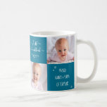 Blue 2 Photo Baby First Hanukkah Grandparents Name Coffee Mug<br><div class="desc">“First Hanukkah.” A playful grid of 2 personalized photos of your choice and white handwritten script typography and snowflakes overlaying a teal blue background, helps the proud grandparents usher in Hanukkah and New Year. Feel the warmth and joy of the holiday season whenever they use this stylish and modern personalized...</div>