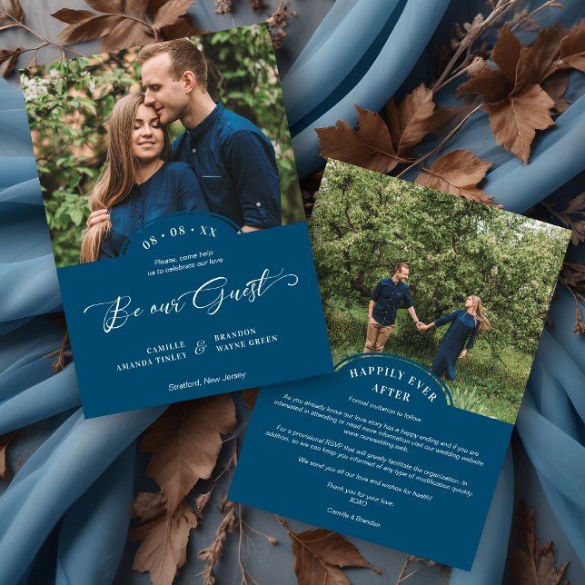 Blue 2 Photos Minimalist Be our Guest Quote  Save The Date (Blue 2 Photos Minimalist Be our Guest Quote Save the Date Card.)