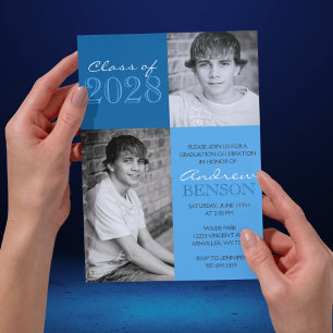 Blue 2 Toned Classic 2 Photo Graduation Invitation