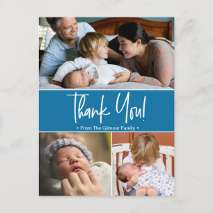 Blue 2nd baby birth photo collage announcement postcard