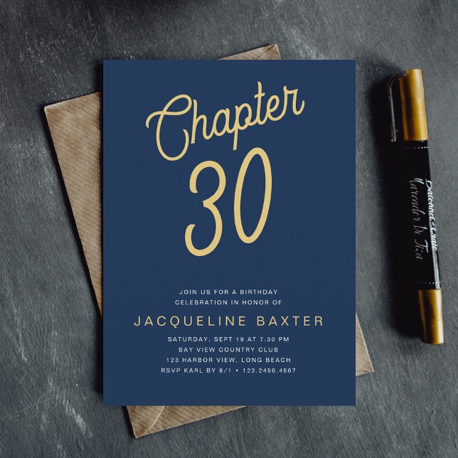 Blue 30th Birthday Gold Script 30th Birthday Invitation (Creator Uploaded)