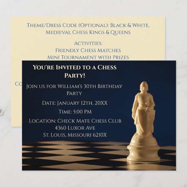 Blue 30th Birthday Party Chess Pawn  Invitation (Front/Back)