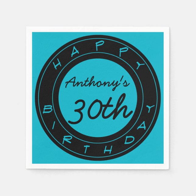 Blue 30th Birthday Party Personalised Paper Napkin (Front)
