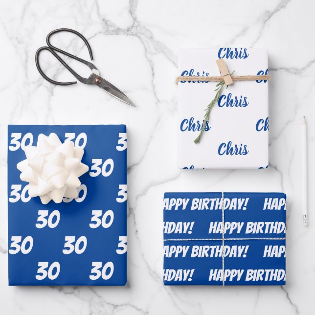 Blue 30th Happy Birthday Custom Name Wrapping Paper Sheet (Front)