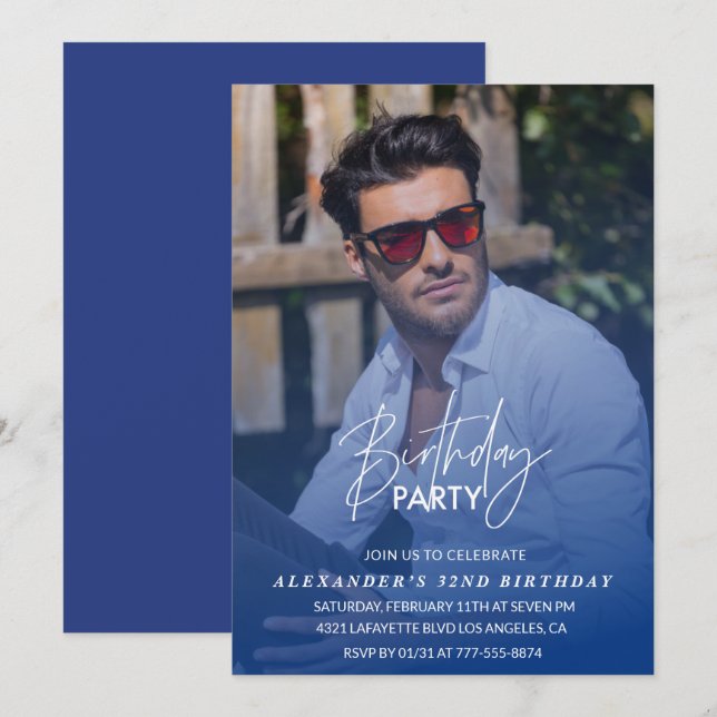 Blue 32nd birthday invitation Birthday party Photo (Front/Back)