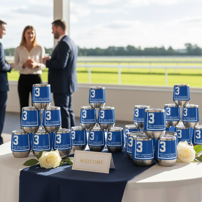 Blue 3 Personalised Derby Horse Race (Custom saddle cloth wine tumbler swag for your event. Add a date, company name and theme.)