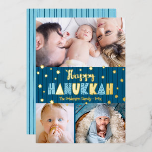 Blue 3 Photo Happy Hanukkah Fun Modern Real Gold Foil Holiday Card