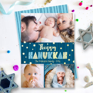 Blue 3 Photo Happy Hanukkah Fun Type Real Gold Foil Holiday Card