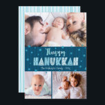 Blue 3 Photo Happy Hanukkah Modern Fun Typography Holiday Card<br><div class="desc">“Happy Hanukkah.” Fun, playful, whimsical handcrafted typography along with a random Star of David pattern in dusty blue all overlaying midnight navy blue hand drawn lines on a dark teal blue background, along with 3 photos of your choice, help you usher in Hanukkah. Hand drawn turquoise lines overlay a light...</div>