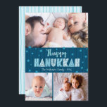 Blue 3 Photo Happy Hanukkah Modern Fun Typography Holiday Card<br><div class="desc">“Happy Hanukkah.” Fun, playful, whimsical handcrafted typography along with a random Star of David pattern in dusty blue all overlaying midnight navy blue hand drawn lines on a dark teal blue background, along with 3 photos of your choice, help you usher in Hanukkah. Hand drawn turquoise lines overlay a light...</div>