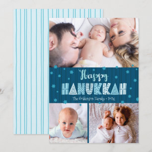 Blue 3 Photo Happy Hanukkah Modern Fun Typography Holiday Card