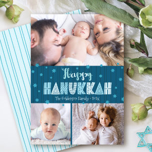 Blue 3 Photo Happy Hanukkah Modern Fun Typography Holiday Card