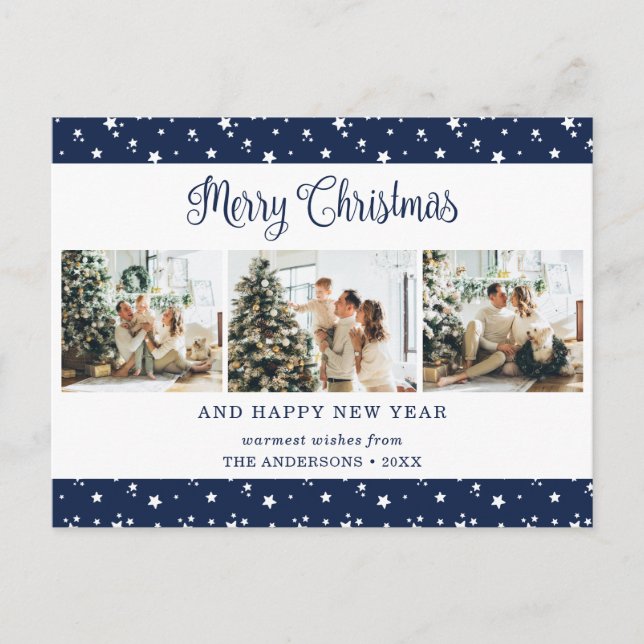 Blue 3 Photo Stars Merry Christmas Postcards (Front)