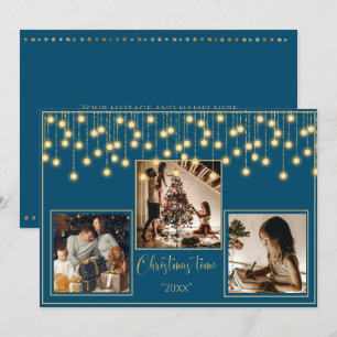 Blue 3 Photos Christmas Time Holiday Card