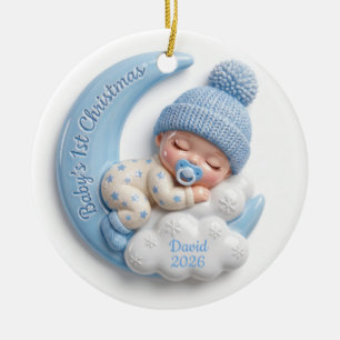 Blue 3D Moon Sleeping Baby Boy 1st Christmas Ceramic Tree Decoration