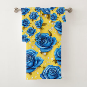 Blue 3d roses bath towel set