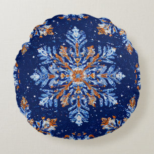Blue 3d snowflakes round cushion