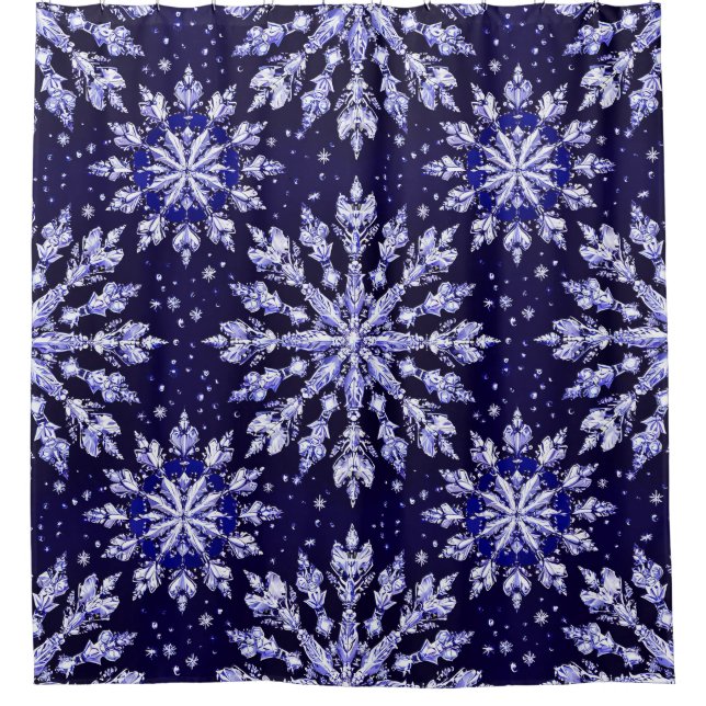 Blue 3d snowflakes shower curtain (Front)