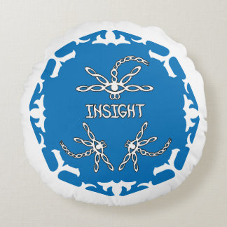 Blue, 3rd Eye Chakra "Insight" Dragonfly White BG Round Cushion