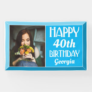 Blue 40th Art Deco Beveled Photo Birthday Banner