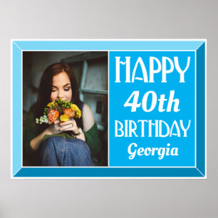 Blue 40th Beveled Art Deco Birthday Photo Poster