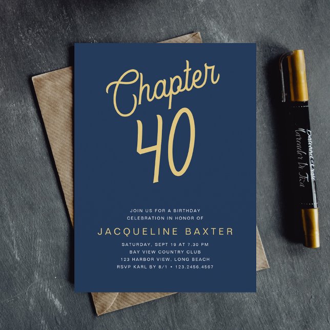 Blue 40th Birthday Gold Script 40 Birthday Invitation (Creator Uploaded)