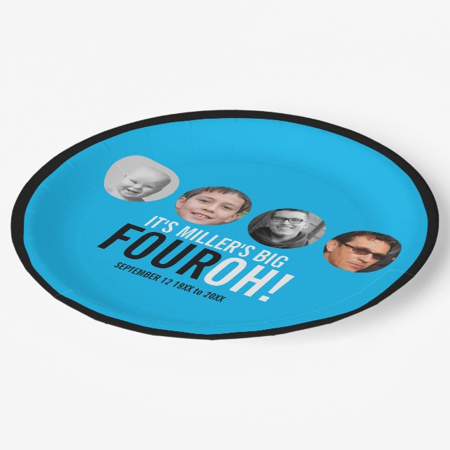 Blue 40th Four OH! photo fortieth birthday party Paper Plate (Angled)