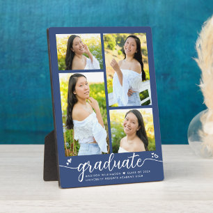 Blue 4 Photo Graduation Modern Calligraphy Hearts Plaque