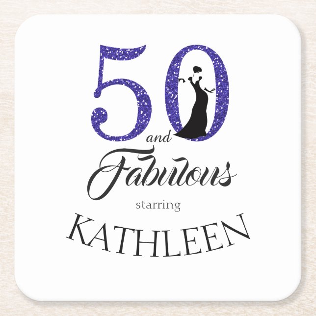 Blue 50 and Fabulous Birthday Party Custom Name Square Paper Coaster (Front)