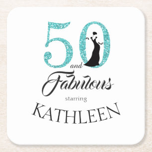 Blue 50 and Fabulous Birthday Party Custom Name Square Paper Coaster