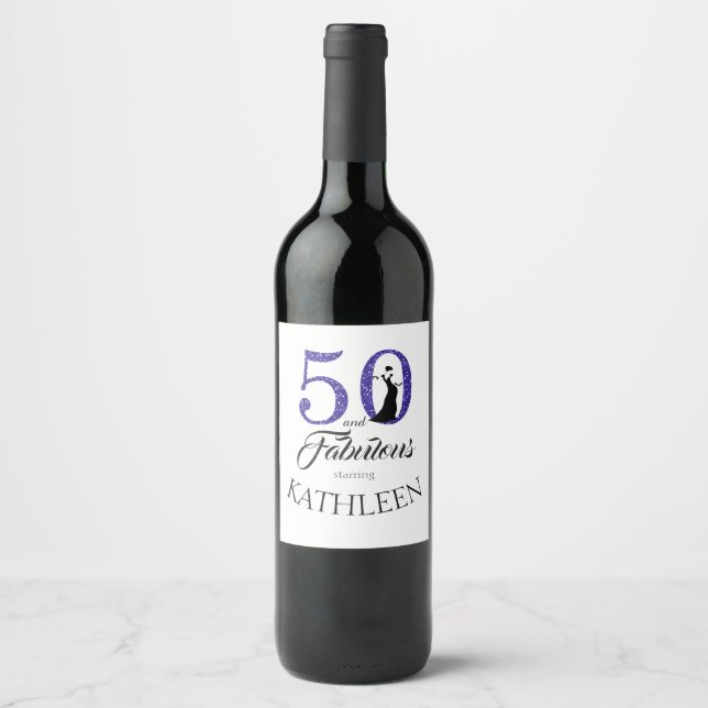 Blue 50 and Fabulous Birthday Party Custom Name Wine Label (Front)