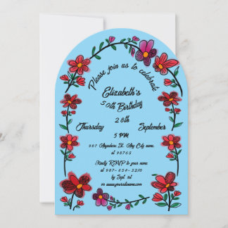 Blue 50th Birthday Party Whimsical Doodle Flowers Invitation