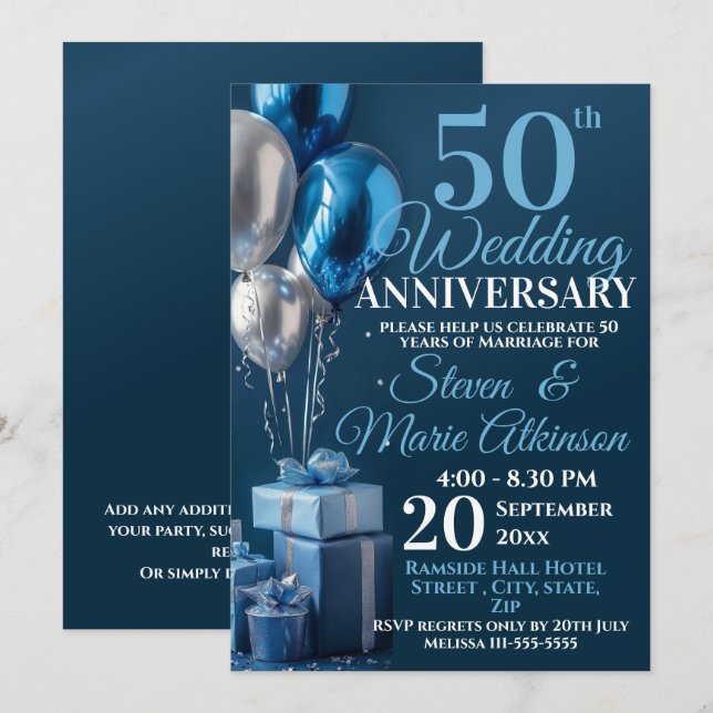 Blue 50th Wedding Anniversary Balloon Gifts Invitation (Front/Back)