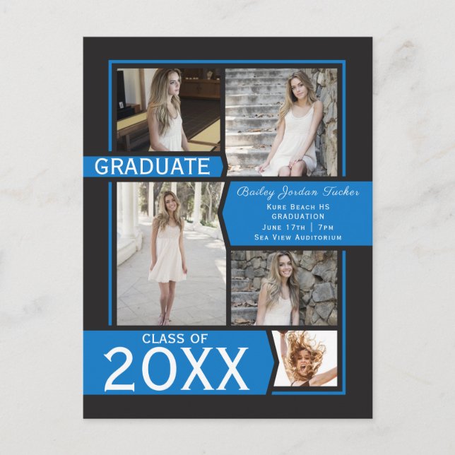Blue 5-Photo Collage Graduation Announcement Postcard (Front)