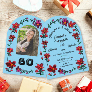 Blue 60th Birthday Party Whimsical Doodle Flowers  Invitation