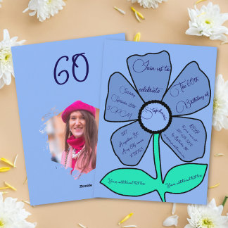 Blue 60th Birthday Simple Doodle Flower Invitation