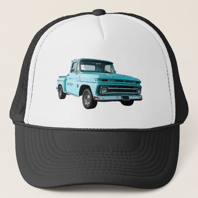 blue '64 Chevy stepside pickup on trucker hat (Front)