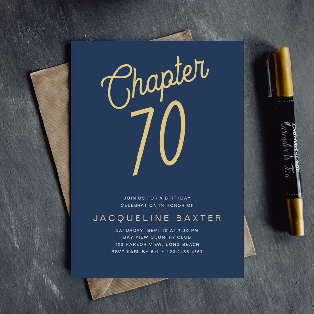 Blue 70th Birthday Gold Script 70 Invitation (Creator Uploaded)